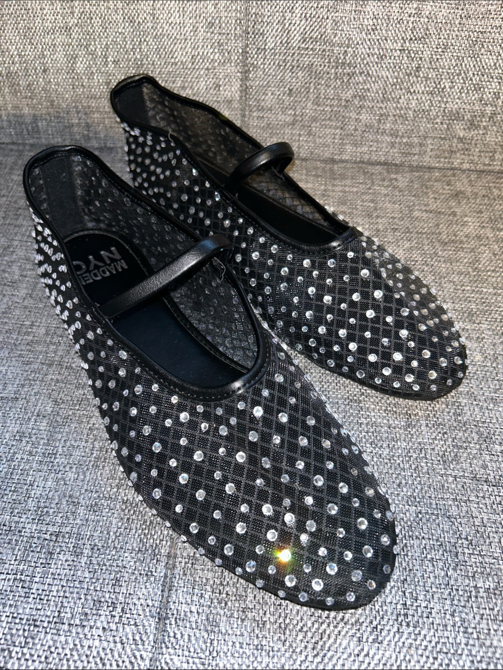 Madden NYC Black Crystal Mesh Mary Jane Flats